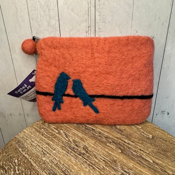 West Hills Studio Handbags - Coral Pink Felted Wool Wallet Pouch Blue Pink Coral Makeup Bag New FAST SHIP